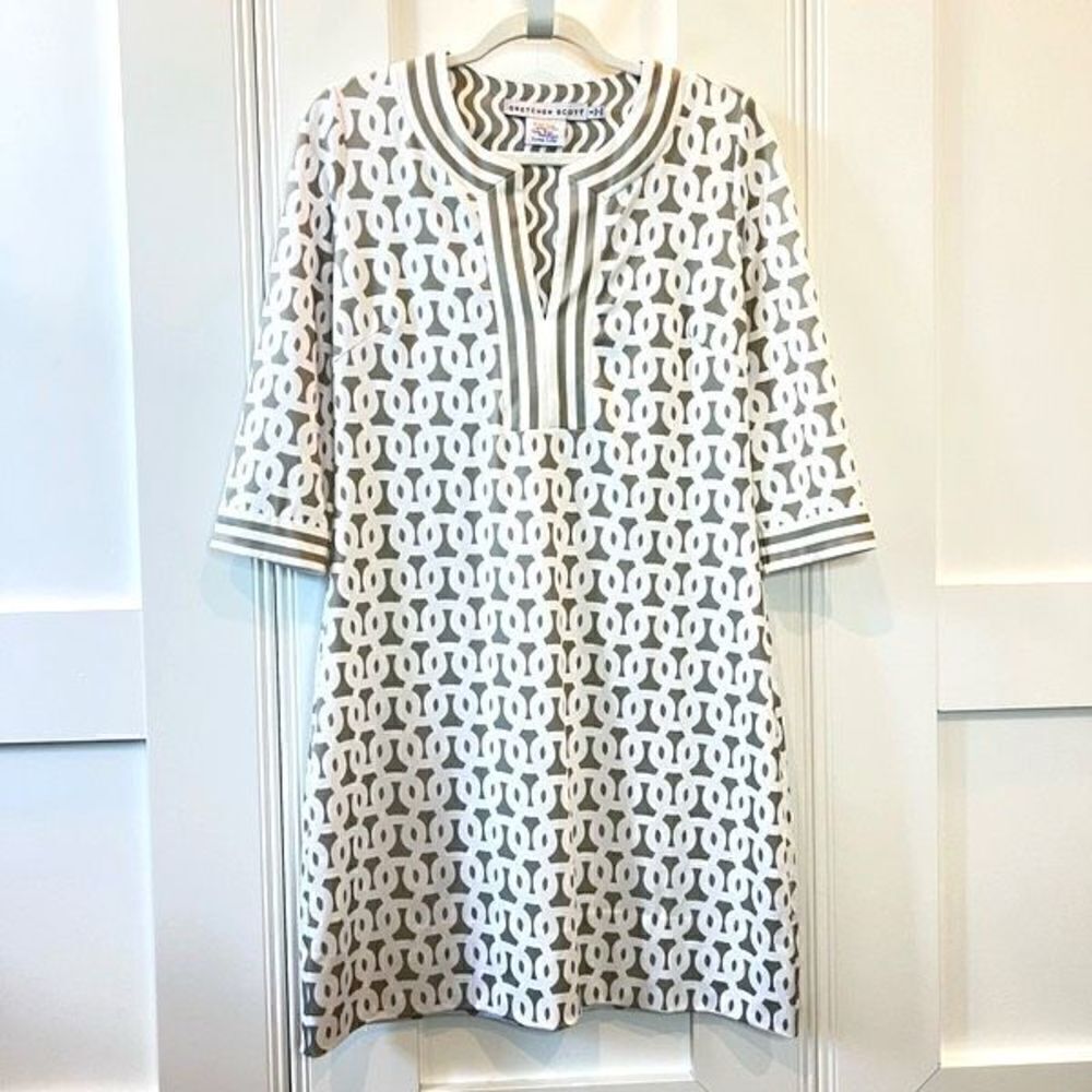 Gretchen Scott Split Neck Jersey Dress Loop De Lu Neutral Beige Grey Small $179